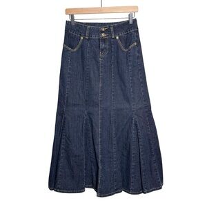 Baccini Denim Midi Skirt Pleated Mermaid Hem 4 Y2K Retro Boho Western Jean Skirt